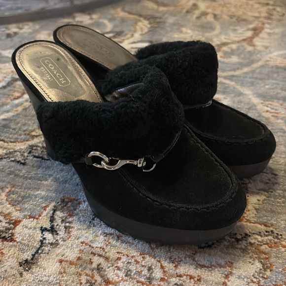 COACH IDYLE Shearling leather black clog heels rare $328 9 silver Designer - Picture 11 of 11